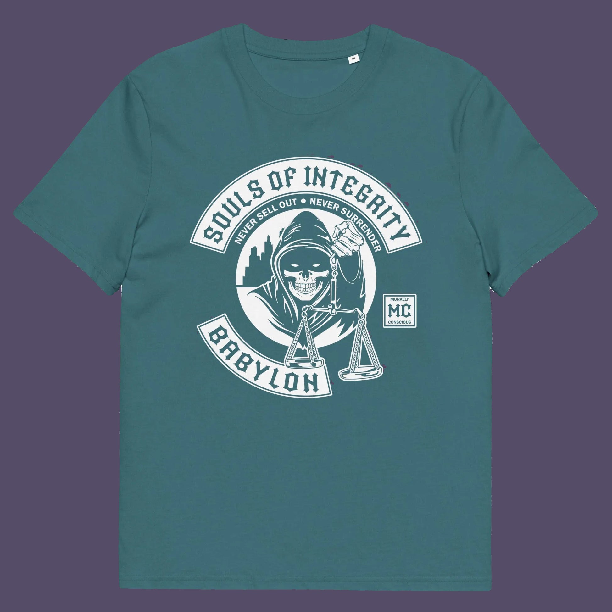 Stargazer t shirt. A social awareness t shirt promoting ethics and morality. A spoof motorcycle club design for people who still have integrity. This design satirically representing how few people are left with a moral conscience in a corrupt world, or as the Rastafarians call it, BABYLON. Made from 100% organic ring-spun cotton, these social issues t shirts are unisex, high-quality, super comfy, and best of all, eco-friendly.