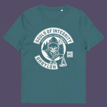 Stargazer t shirt. A social awareness t shirt promoting ethics and morality. A spoof motorcycle club design for people who still have integrity. This design satirically representing how few people are left with a moral conscience in a corrupt world, or as the Rastafarians call it, BABYLON. Made from 100% organic ring-spun cotton, these social issues t shirts are unisex, high-quality, super comfy, and best of all, eco-friendly.