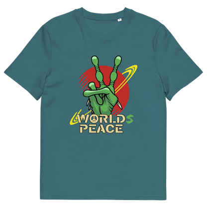 Stargazer t shirt. A world peace t shirt with an alien lovers twist. When we think of world peace lets not be selfish about it., lets include all Worlds. Made from 100% organic ring-spun cotton, this funny alien t shirt is unisex, high-quality, super comfy, and best of all, eco-friendly.