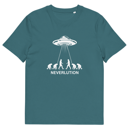 Stargazer t shirt. An alien conspiracy theory t-shirt suggesting a different path of our evolution. Did evolution never really happen the way we are told, or is there a more intergalactic and colourful answer ? Made from 100% organic ring-spun cotton, this conspiracy theory t-shirt is unisex, high-quality, super comfy, and best of all, eco-friendly.