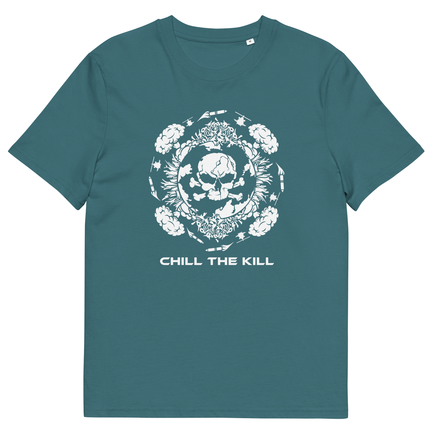 A stargazer blue short-sleeve t-shirt with a white graphic print on the front. The graphic features a skull surrounded by flowers in a circular wreath design, with the text 'CHILL THE KILL' printed below in a bold white font.