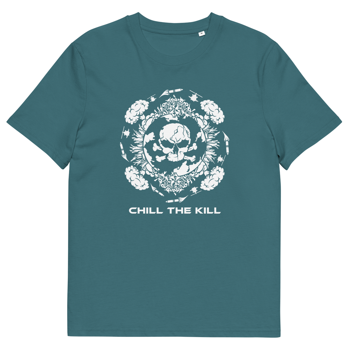 A stargazer blue short-sleeve t-shirt with a white graphic print on the front. The graphic features a skull surrounded by flowers in a circular wreath design, with the text 'CHILL THE KILL' printed below in a bold white font.