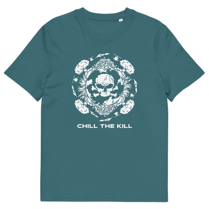 A stargazer blue short-sleeve t-shirt with a white graphic print on the front. The graphic features a skull surrounded by flowers in a circular wreath design, with the text 'CHILL THE KILL' printed below in a bold white font.