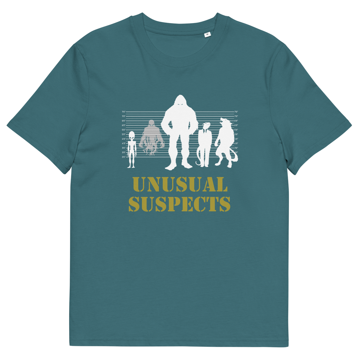 A stargazer short-sleeve crewneck t-shirt with a white and yellow graphic on the front. The graphic features silhouettes of five suspects in growing sizes against a height chart, with the text 'UNUSUAL SUSPECTS' printed below in yellow.
