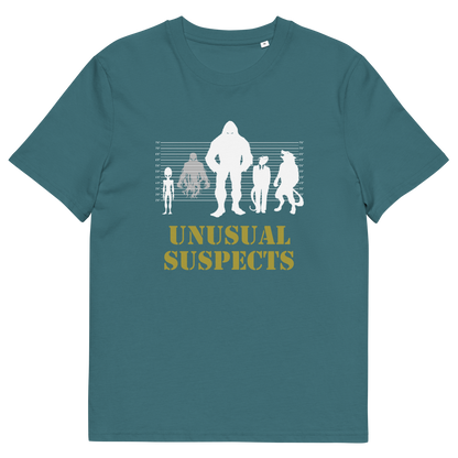 A stargazer short-sleeve crewneck t-shirt with a white and yellow graphic on the front. The graphic features silhouettes of five suspects in growing sizes against a height chart, with the text 'UNUSUAL SUSPECTS' printed below in yellow.
