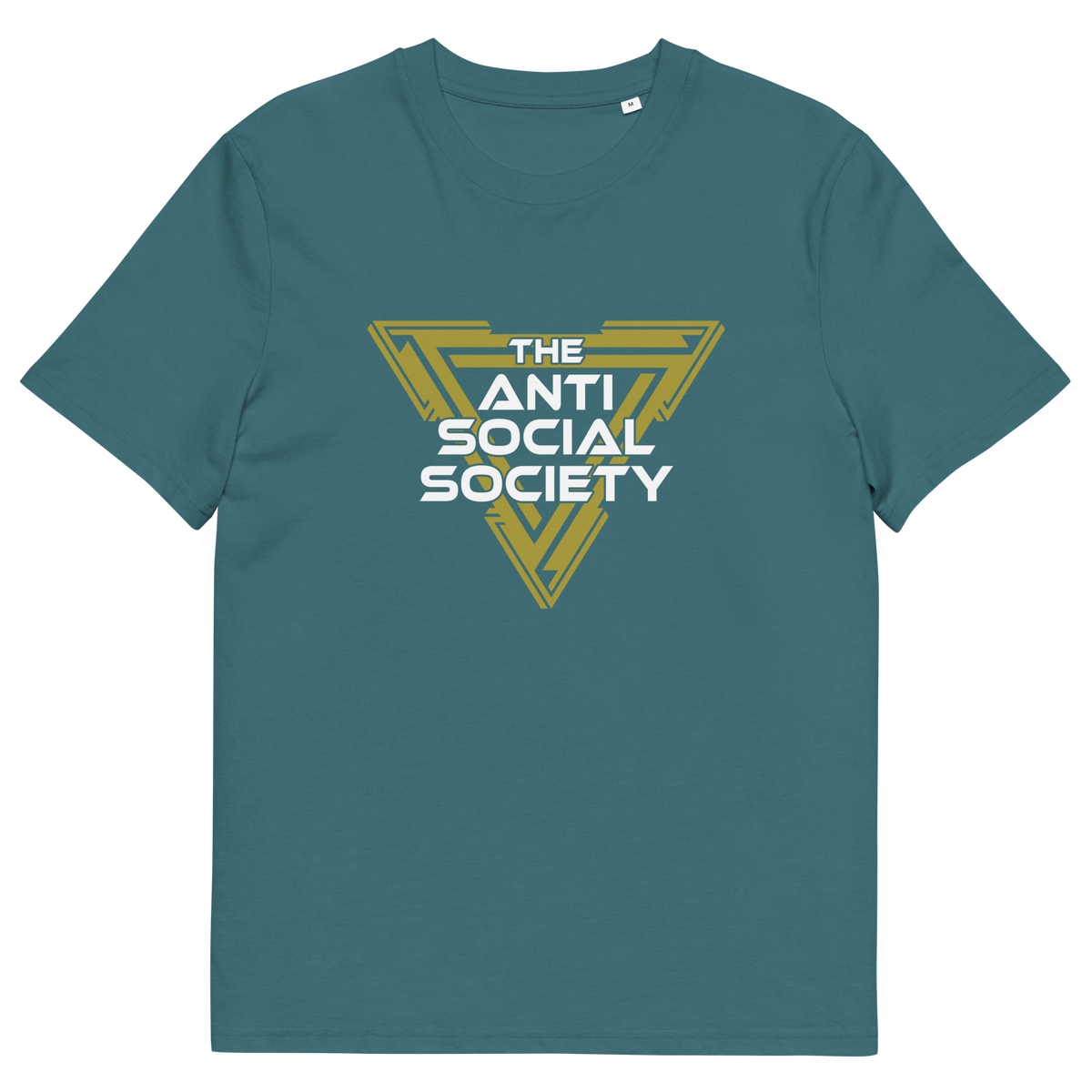 A stargazer blue short-sleeve t-shirt with a graphic on the chest reading 'THE ANTI SOCIAL SOCIETY' in white text inside a yellow geometric triangle, shown on a plain white background.
