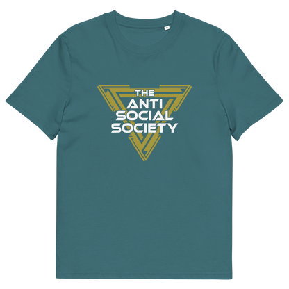 A stargazer blue short-sleeve t-shirt with a graphic on the chest reading 'THE ANTI SOCIAL SOCIETY' in white text inside a yellow geometric triangle, shown on a plain white background.