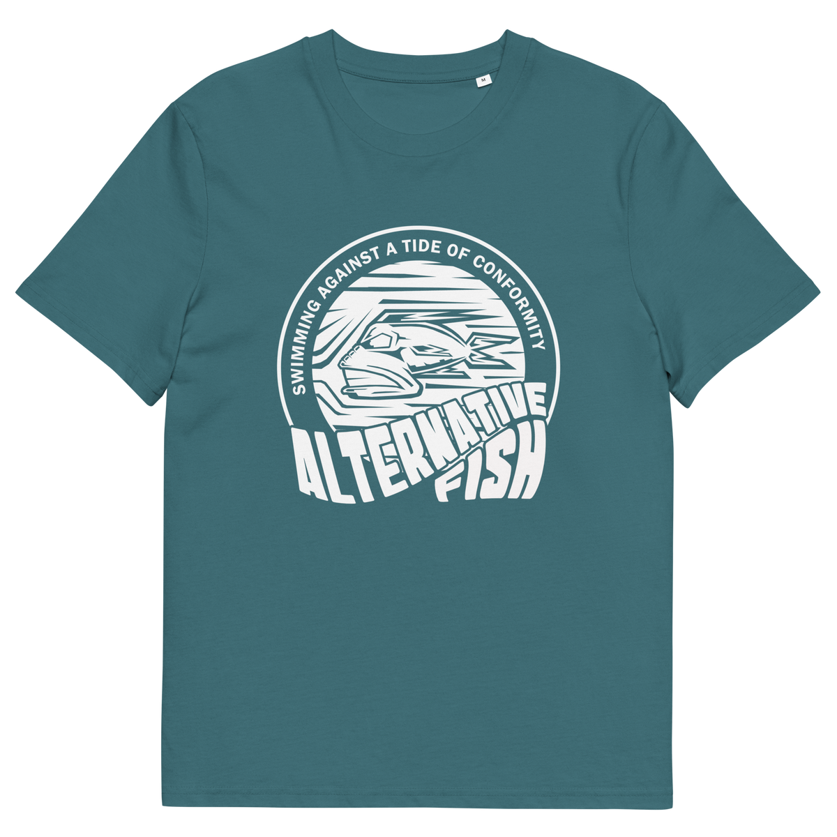 Stargazer blue T-shirt with An "ALTERNATIVE FISH" logo.