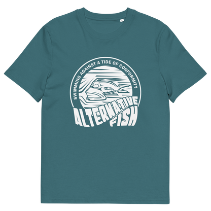 Stargazer blue T-shirt with An "ALTERNATIVE FISH" logo.