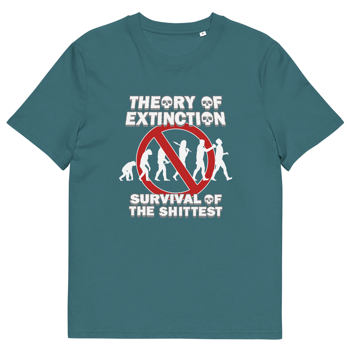A stargazer blue short-sleeve t-shirt with a graphic on the front. The graphic features white text reading 'THEORY OF EXTINCTION' and 'SURVIVAL OF THE SHITTEST' with a red prohibition sign over a silhouette evolution graphic.