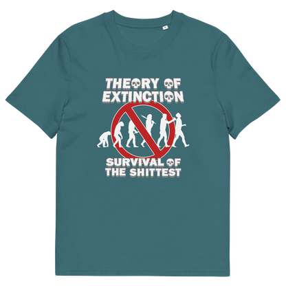 A stargazer blue short-sleeve t-shirt with a graphic on the front. The graphic features white text reading 'THEORY OF EXTINCTION' and 'SURVIVAL OF THE SHITTEST' with a red prohibition sign over a silhouette evolution graphic.