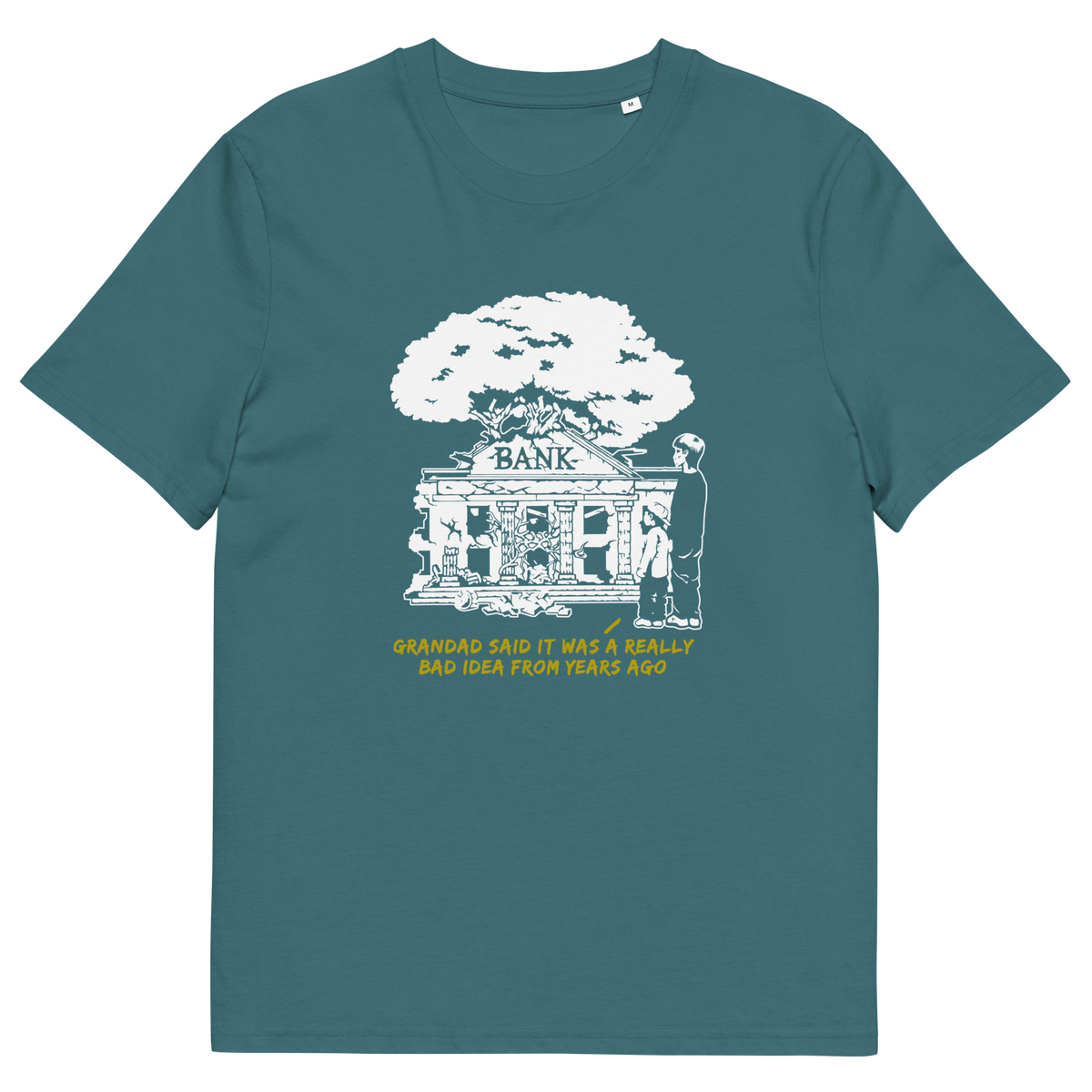 Stargazer blue t-shirt  with a design of a run down Bank.