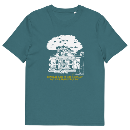 Stargazer blue t-shirt  with a design of a run down Bank.