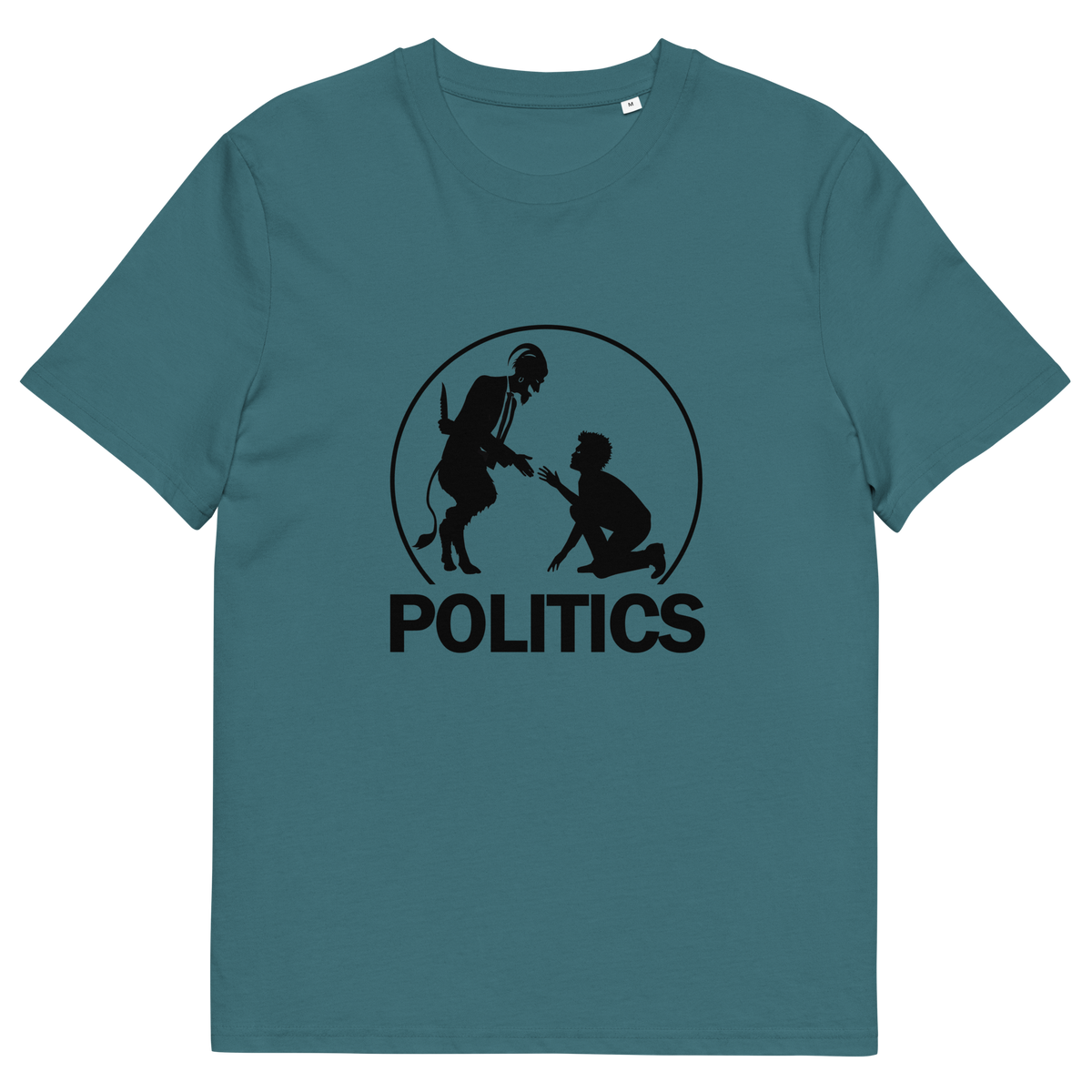 A Stargazer blue t-shirt with a black graphic print on the chest. The graphic features a circular silhouette illustration of a standing figure reaching toward a kneeling figure, with the word 'POLITICS' printed in bold white capital letters underneath.
