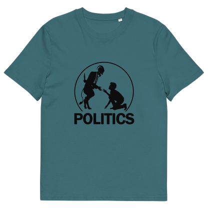 A Stargazer blue t-shirt with a black graphic print on the chest. The graphic features a circular silhouette illustration of a standing figure reaching toward a kneeling figure, with the word 'POLITICS' printed in bold white capital letters underneath.