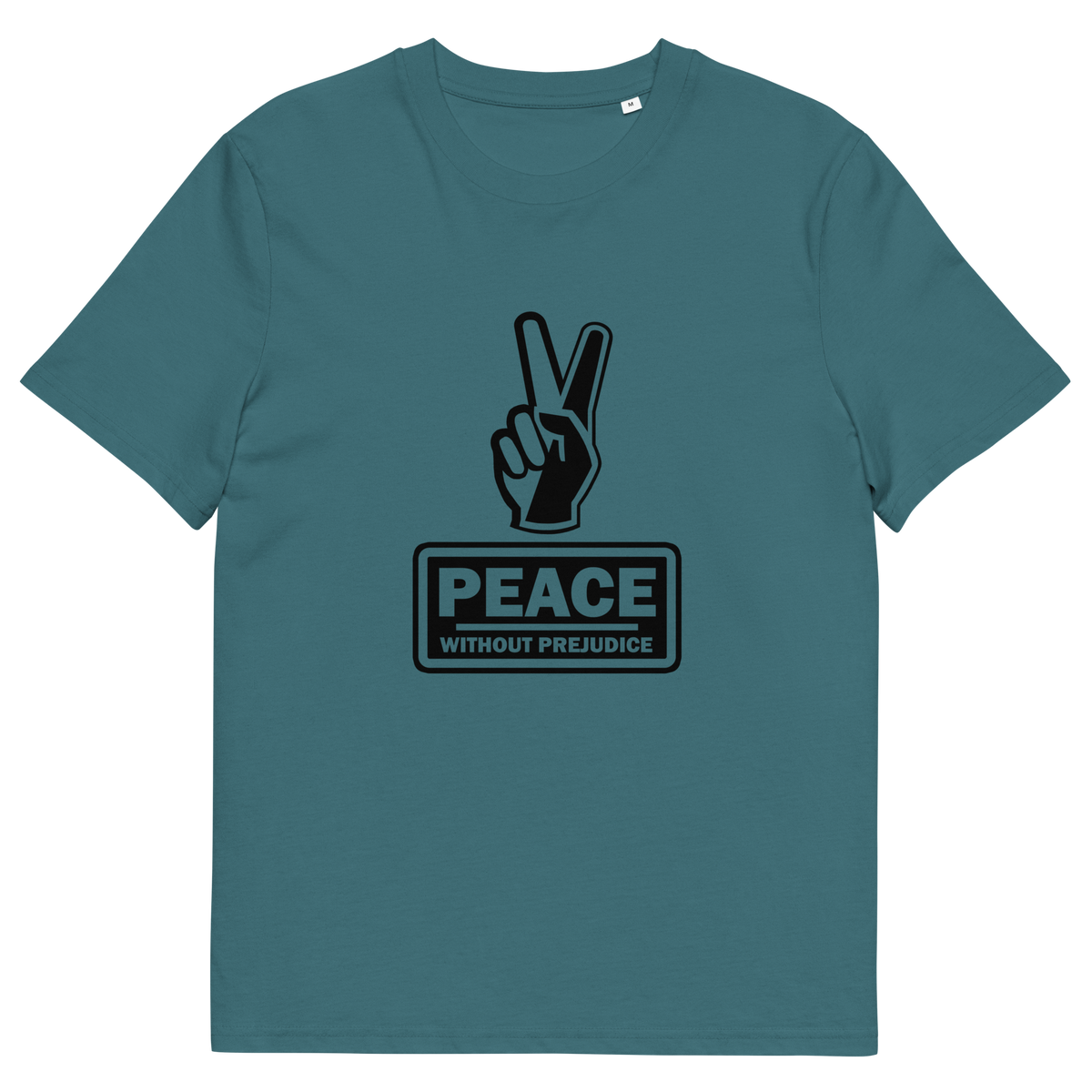 A Stargazer blue t-shirt with a black printed peace sign and "Peace without prejudice" written underneath.