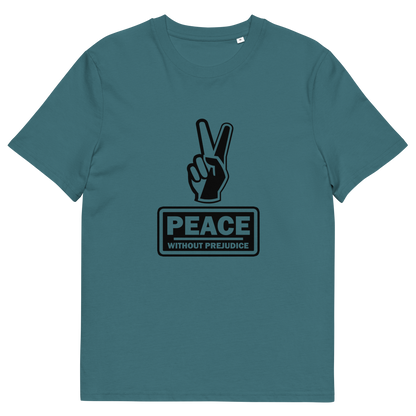 A Stargazer blue t-shirt with a black printed peace sign and "Peace without prejudice" written underneath.