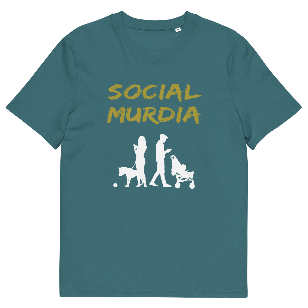 A stargazer blue t-shirt with a silhouette of two people on the phone while ignoring a dog and a baby and the text "SOCIAL MURDIA".