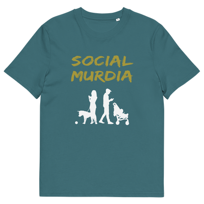 A stargazer blue t-shirt with a silhouette of two people on the phone while ignoring a dog and a baby and the text "SOCIAL MURDIA".