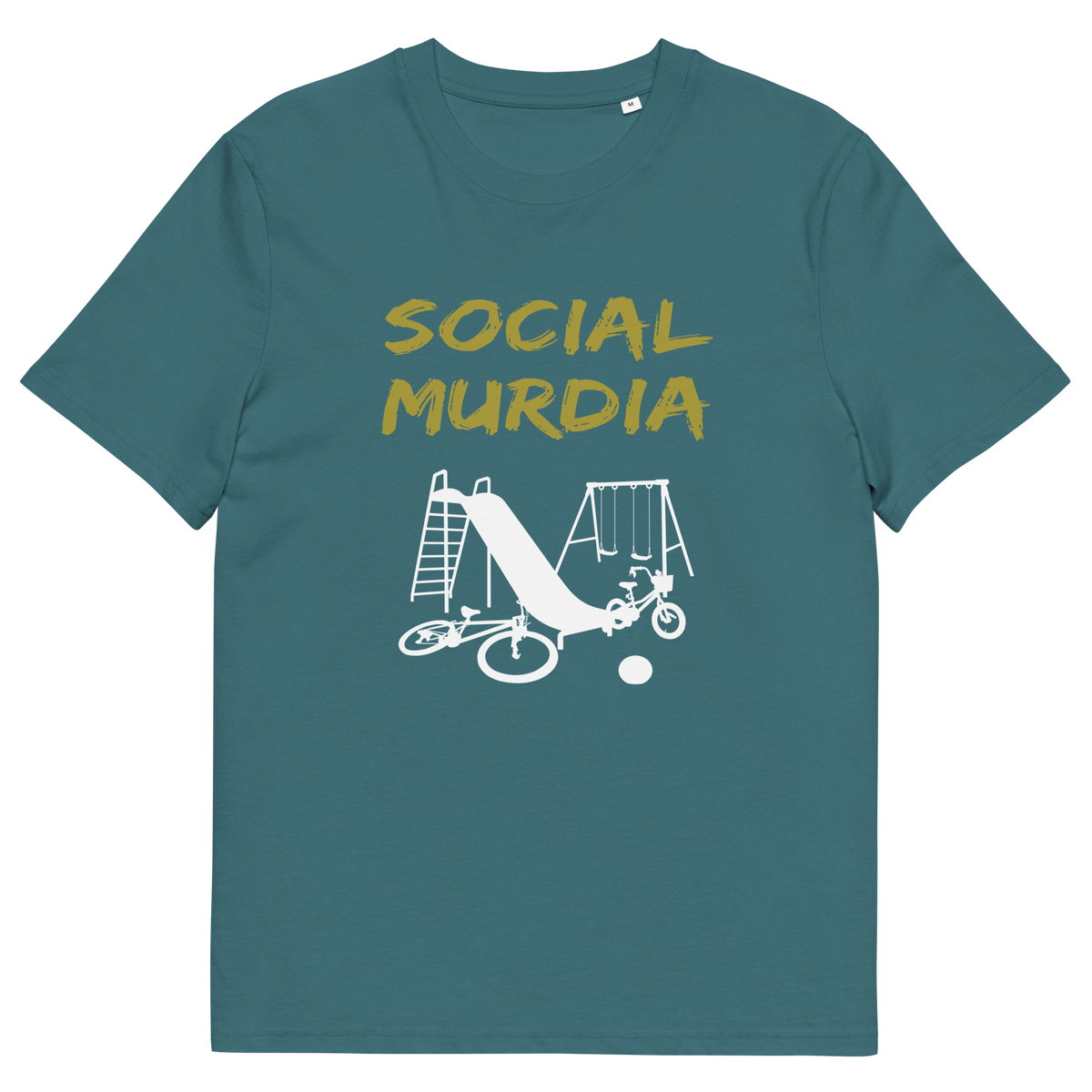 A stargazer blue t-shirt with a silhouette of an empty playground and the text "SOCIAL MURDIA".