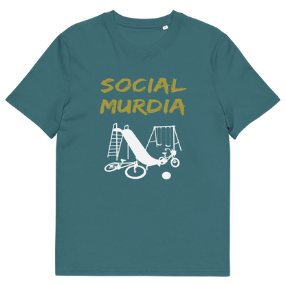 A stargazer blue t-shirt with a silhouette of an empty playground and the text "SOCIAL MURDIA".