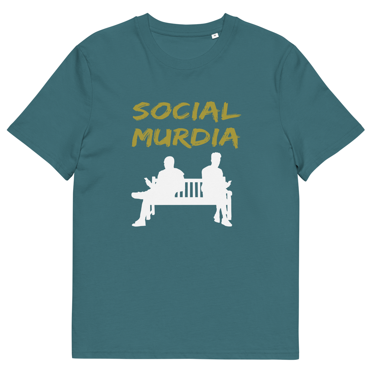 A stargazer blue t-shirt with a graphic print on the front. The print features the words 'SOCIAL MURDIA' in a textured mustard yellow font above a white silhouette of two people sitting on a bench.