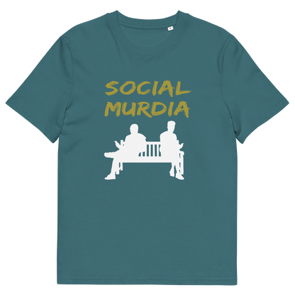 A stargazer blue t-shirt with a graphic print on the front. The print features the words 'SOCIAL MURDIA' in a textured mustard yellow font above a white silhouette of two people sitting on a bench.