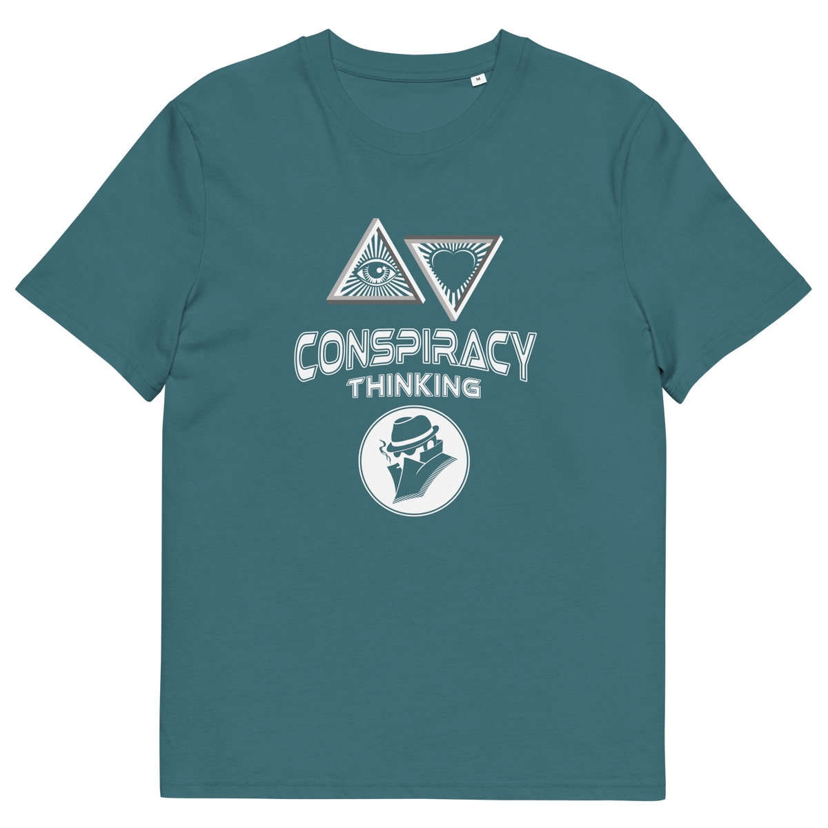 A stargazer blue short-sleeve crewneck t-shirt with a white graphic print on the front. The graphic features two triangles enclosing eyes and a heart, the words 'CONSPIRACY THINKING' in a distressed stencil font, and a circular logo of a man in a fedora and suit.