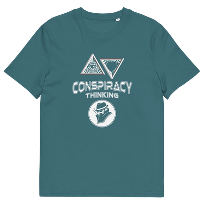 A stargazer blue short-sleeve crewneck t-shirt with a white graphic print on the front. The graphic features two triangles enclosing eyes and a heart, the words 'CONSPIRACY THINKING' in a distressed stencil font, and a circular logo of a man in a fedora and suit.