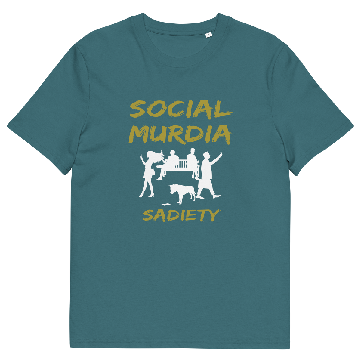 A stargazer blue short-sleeve t-shirt with a graphic print on the front. The print features the words 'SOCIAL MURDIA' in a textured gold font, a white silhouette of a group of people on smartphones and a dog, and the word 'SADIETY' in the same gold font below.