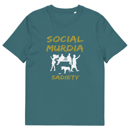 A stargazer blue short-sleeve t-shirt with a graphic print on the front. The print features the words 'SOCIAL MURDIA' in a textured gold font, a white silhouette of a group of people on smartphones and a dog, and the word 'SADIETY' in the same gold font below.