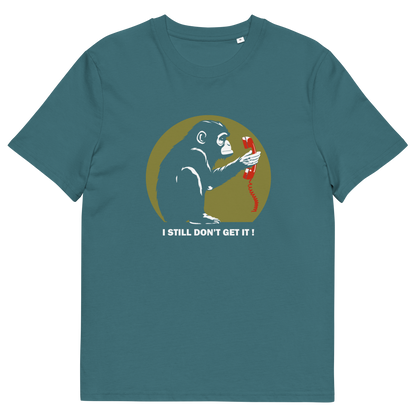 A stargazer blue t-shirt with a design of a monkey staring at an old style telephone receiver with text underneath saying "I STILL DON'T GET IT".
