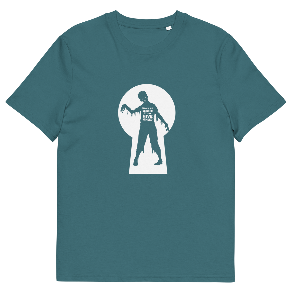 A stargazer blue  short sleeved t-shirt with a zombie through a key hole design with "DON'T BE BLINDED BY THE HIVE MINDED" text.
