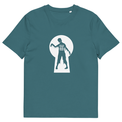 A stargazer blue  short sleeved t-shirt with a zombie through a key hole design with "DON'T BE BLINDED BY THE HIVE MINDED" text.