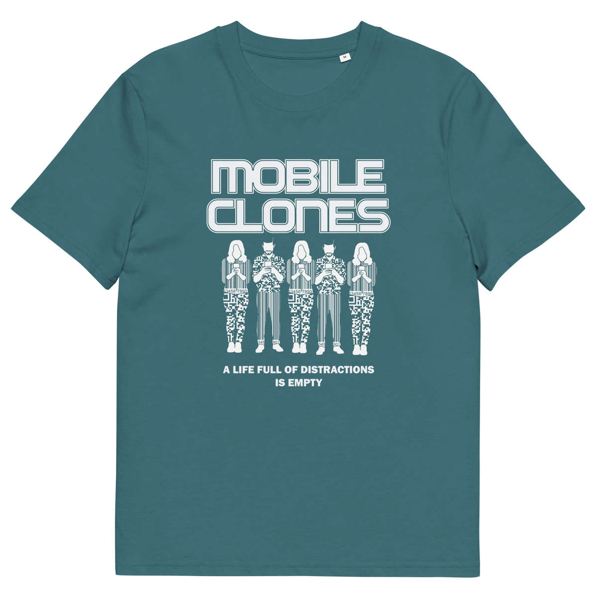 A stargazer blue short-sleeve crewneck t-shirt featuring a white graphic print on the front. The graphic displays the text 'MOBILE CLONES' above five stylized figures, with the phrase 'A LIFE FULL OF DISTRACTIONS IS EMPTY' below.