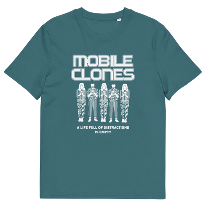 A stargazer blue short-sleeve crewneck t-shirt featuring a white graphic print on the front. The graphic displays the text 'MOBILE CLONES' above five stylized figures, with the phrase 'A LIFE FULL OF DISTRACTIONS IS EMPTY' below.