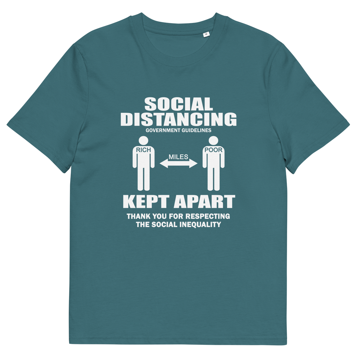A stargazer blue short-sleeve crewneck t-shirt with a white graphic print on the front. The graphic features the text 'SOCIAL DISTANCING' and 'KEPT APART' with stick figures representing the recommended distance, labelled 'MILES'.