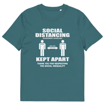 A stargazer blue short-sleeve crewneck t-shirt with a white graphic print on the front. The graphic features the text 'SOCIAL DISTANCING' and 'KEPT APART' with stick figures representing the recommended distance, labelled 'MILES'.