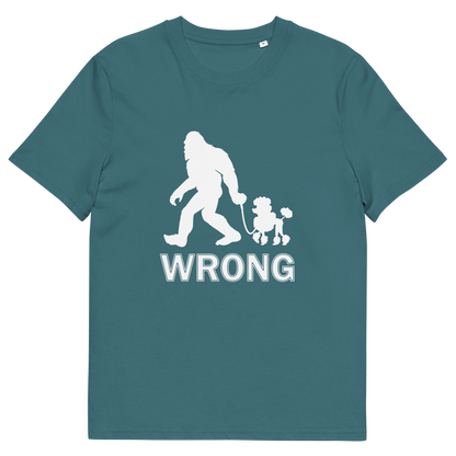 A stargazer blue, short sleeved, crew necked t-shirt with a white print graphic of bigfoot leading a poodle dog and the text "WRONG" written underneath,