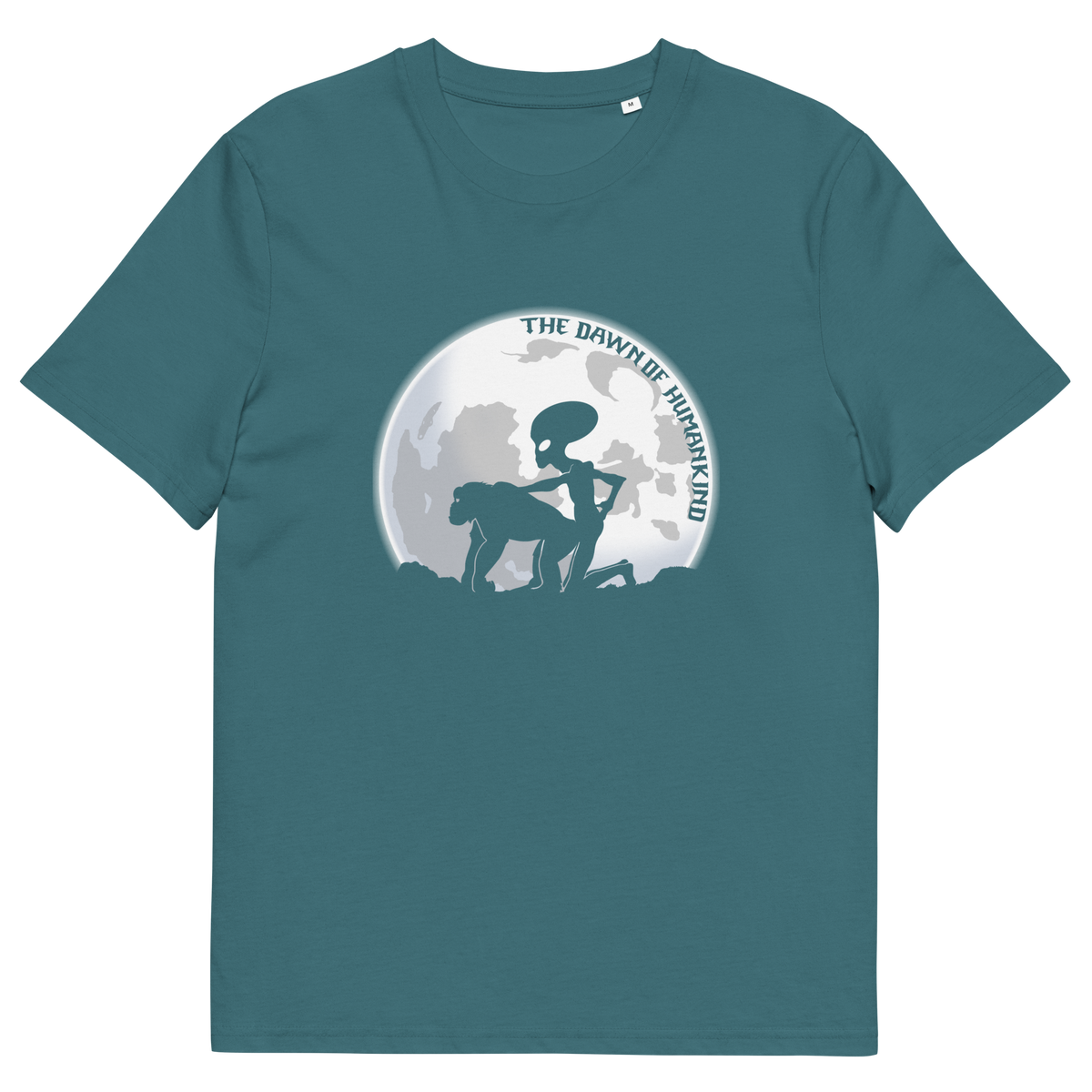 A stargazer blue, short sleeved, crew neck t-shirt with the silhouette of an alien and a monkey in front of the moon with the text "THE DAWN OF HUMANKIND".