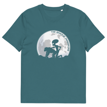 A stargazer blue, short sleeved, crew neck t-shirt with the silhouette of an alien and a monkey in front of the moon with the text "THE DAWN OF HUMANKIND".