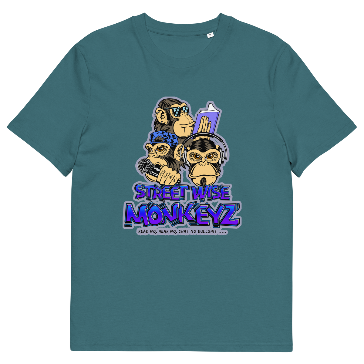 A stargazer blue short-sleeve crewneck t-shirt featuring a colourful graphic print of three cartoon monkeys with the text 'STREET WISE MONKEYZ' in purple and blue.