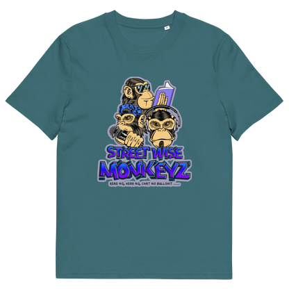 A stargazer blue short-sleeve crewneck t-shirt featuring a colourful graphic print of three cartoon monkeys with the text 'STREET WISE MONKEYZ' in purple and blue.
