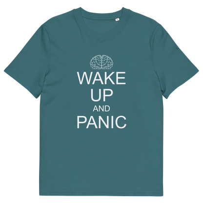 A stargazer blue, short sleeved, crew neck t-shirt with a white graphic text "WAKE UP AND PANIC".