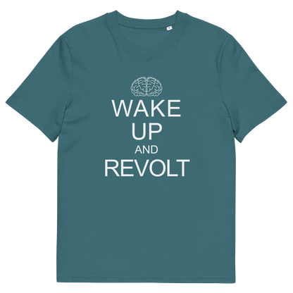 A stargazer blue  short-sleeve crewneck t-shirt with a white graphic print on the front. The print features a simple line-art brain icon above the text 'WAKE UP AND REVOLT' in a bold, sans-serif font, styled like the classic 'Keep Calm' poster.
