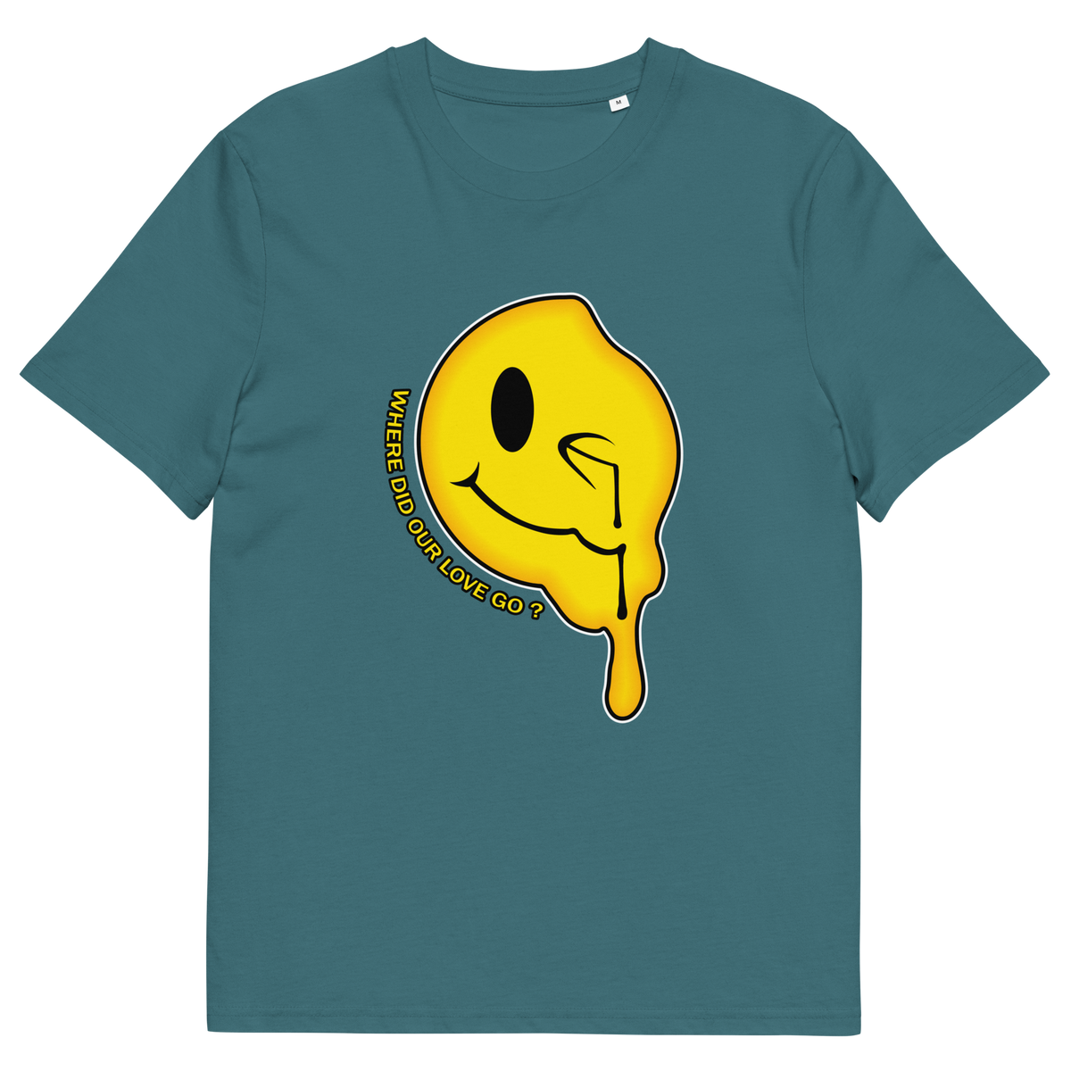 A stargazer blue  short sleeved crew neck t-shirt with a yellow dripping smiley face and the text "WHERE DID OUR LOVE GO?".