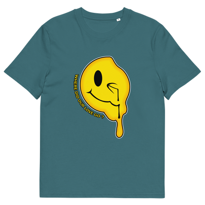 A stargazer blue  short sleeved crew neck t-shirt with a yellow dripping smiley face and the text "WHERE DID OUR LOVE GO?".