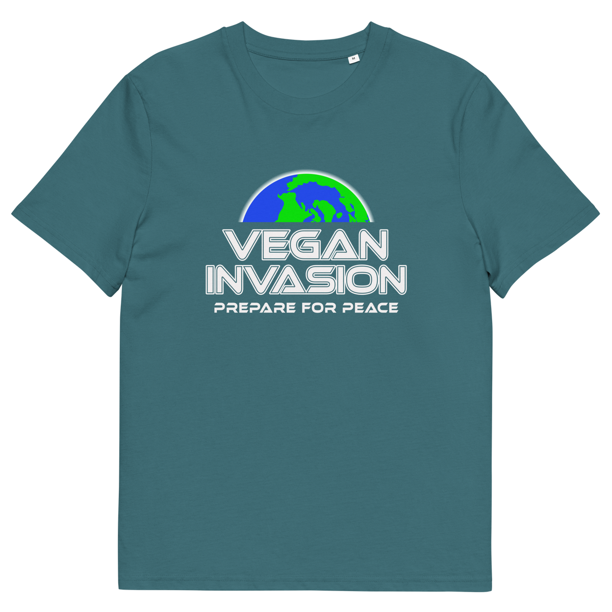 A stargazer blue short sleeved crew neck t-shirt with a graphic of half a globe with the text "VEGAN INVASION, PREPARE FOR PEACE" written in white underneath,