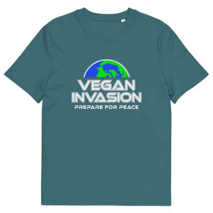 A stargazer blue short sleeved crew neck t-shirt with a graphic of half a globe with the text "VEGAN INVASION, PREPARE FOR PEACE" written in white underneath,