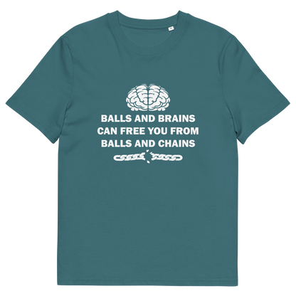 A stargazer blue short sleeved crew neck t-shirt with a white brain graphic at the top, the text "BALLS AND BRAINS CAN FREE YOU FROM BALLS AND CHAINS" in the middle and a broken chain underneath.